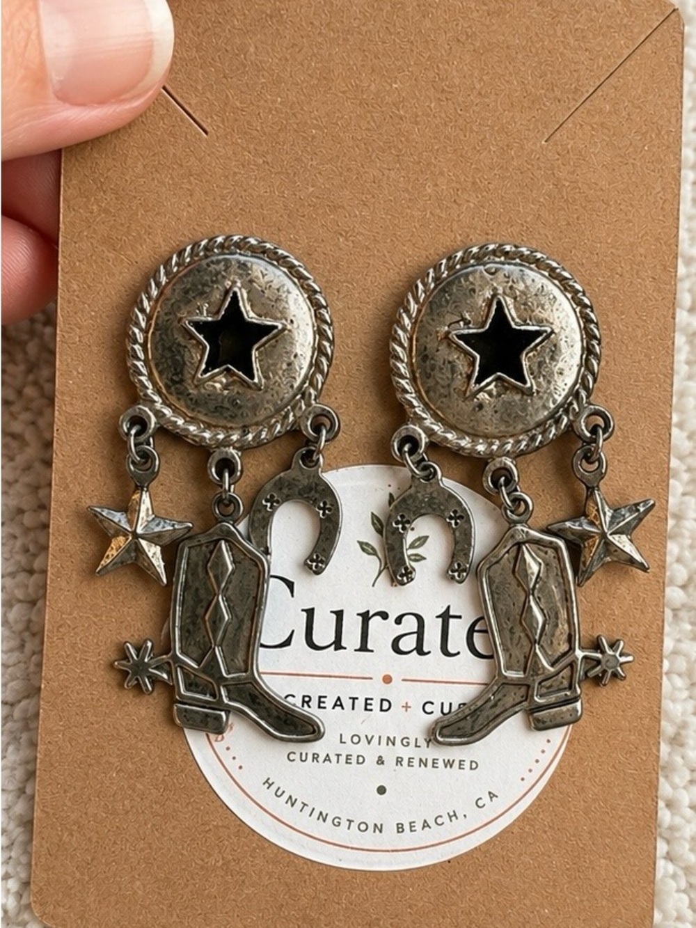 Western Cowboy Boot Star Horseshoe Dangle Earrings Silver Tone